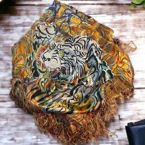 Ed Hardy Tigers and Bluebirds Silk Fringed Square scarf NWT